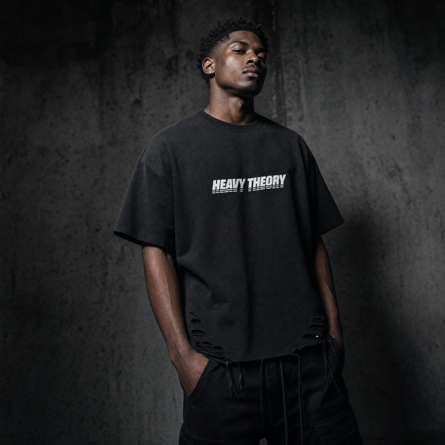 Heavy Theory Co. — Distressed Tee / Washed Black / Snow Washed Raw-Hem T-Shirt